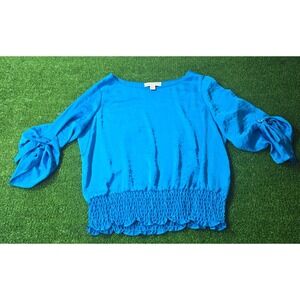 MICHAEL KORS Women Blue Roll Sleeve Smocked Hem Top Size L